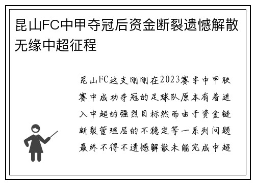昆山FC中甲夺冠后资金断裂遗憾解散无缘中超征程